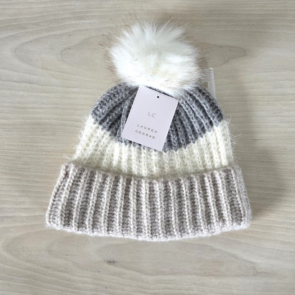 NWT LC Lauren Conrad Colorblock Knit Beanie Metallic Sparkle Faux Fur Pom